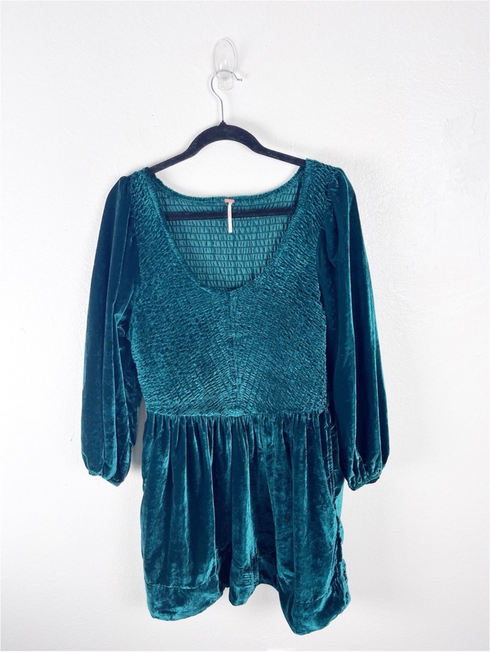 FREE PEOPLE Farrier Green Velvet Smocked Bodice Puff Sleeves Dress Size Large